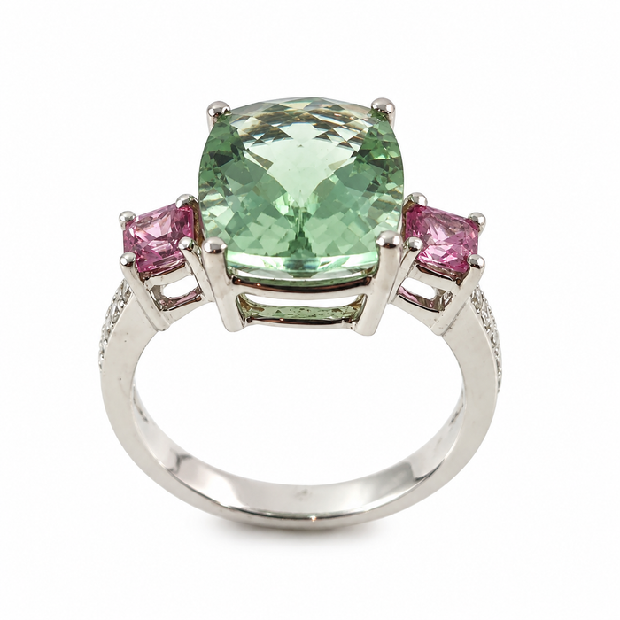 Green amethyst pink sapphire multi stone diamond 14k white gold ring