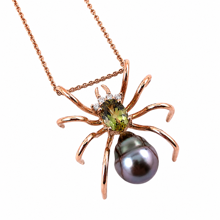 Spider arachnid insect Tahitian pearl Australian parti sapphire 14k rose gold pendant necklace