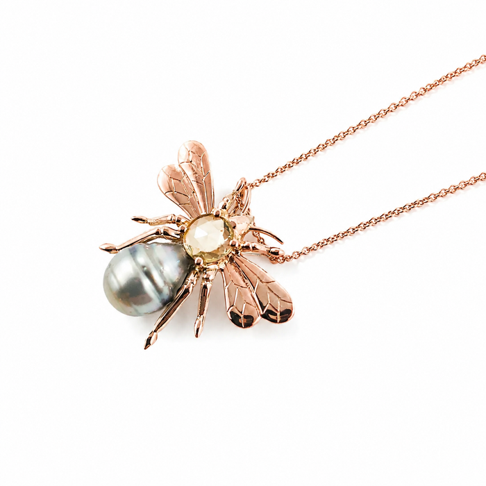Bee insect Tahitian pearl, yellow rose cut sapphire, 14k rose gold pendant necklace