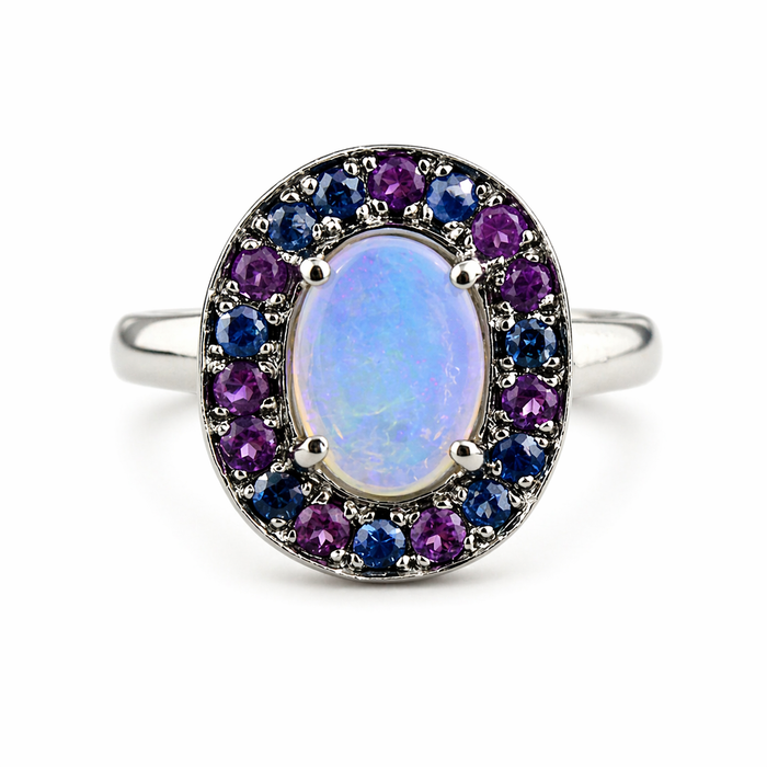 Australian jelly opal amethyst and blue sapphire halo black rhodium plated gold ring