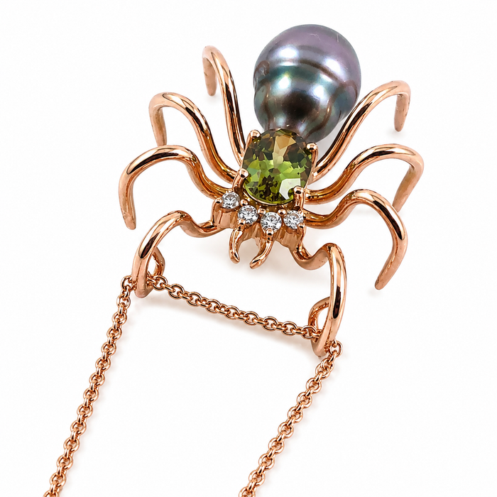 Spider arachnid insect Tahitian pearl Australian parti sapphire 14k rose gold pendant necklace