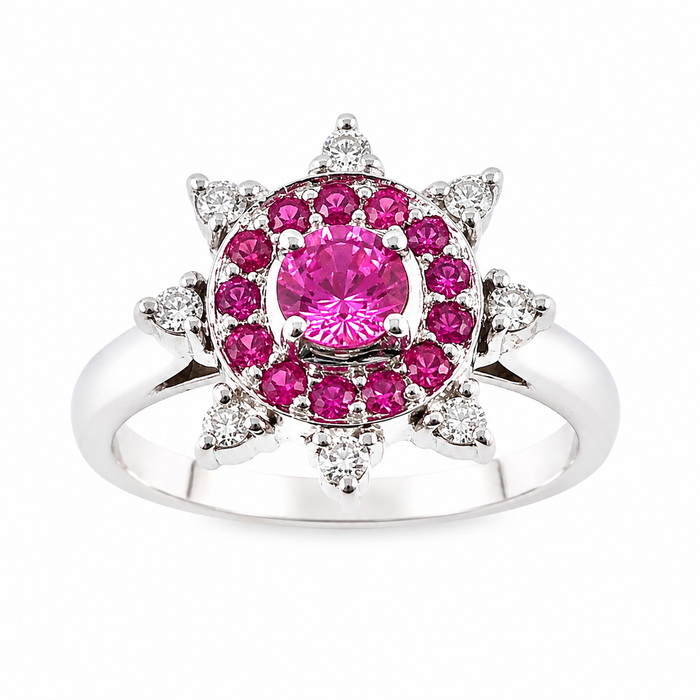 Australian pink sapphire pink ruby diamond 14k white gold flower ring
