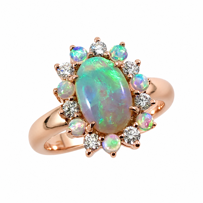 Australian black opal and diamond halo 14k rose gold ring