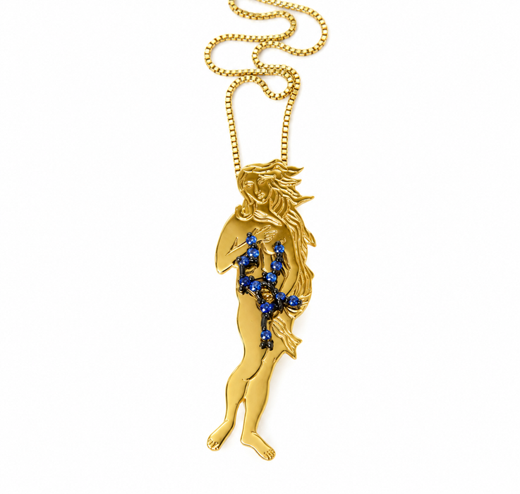 Virgo as Botticelli's Venus solid gold Virgo constellation blue sapphire birthstone pendant
