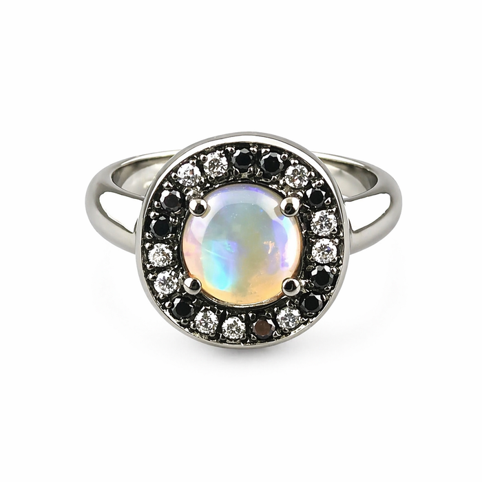 Australian jelly opal diamond black diamond halo black gold ring