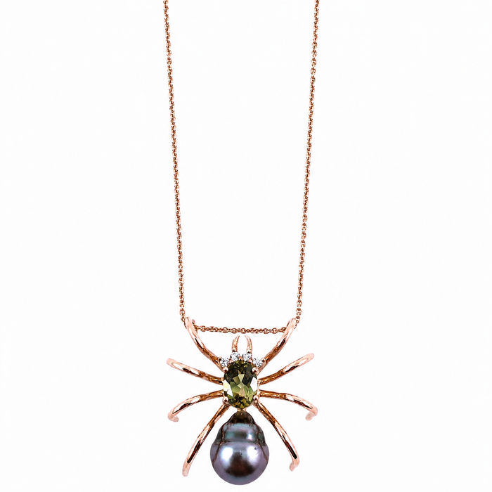 Spider arachnid insect Tahitian pearl Australian parti sapphire 14k rose gold pendant necklace
