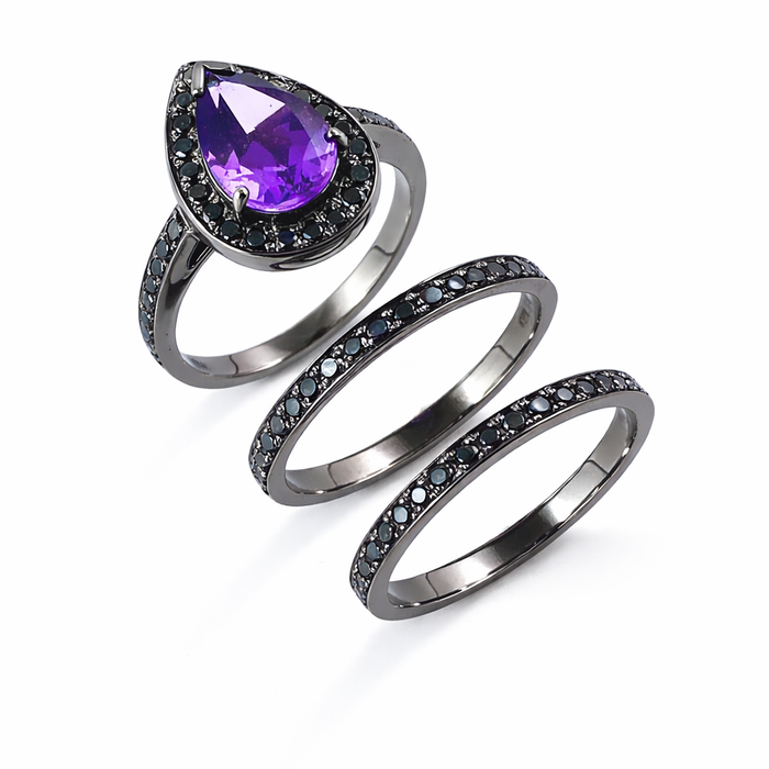 Amethyst pear gemstone halo gold ring - Customise size, halo gemstones and gold colour