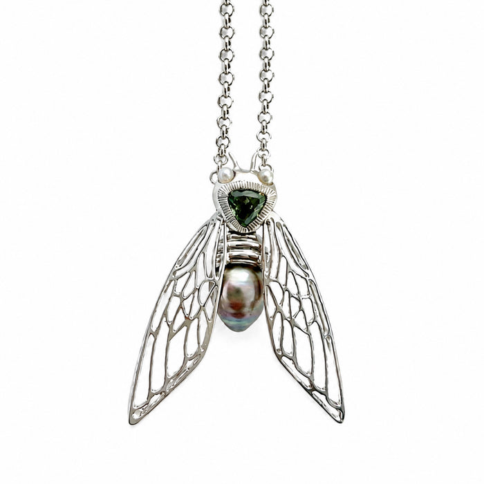 Cicada insect Tahitian pearl Australian green trillion cut sapphire rhodium plated silver pendant necklace