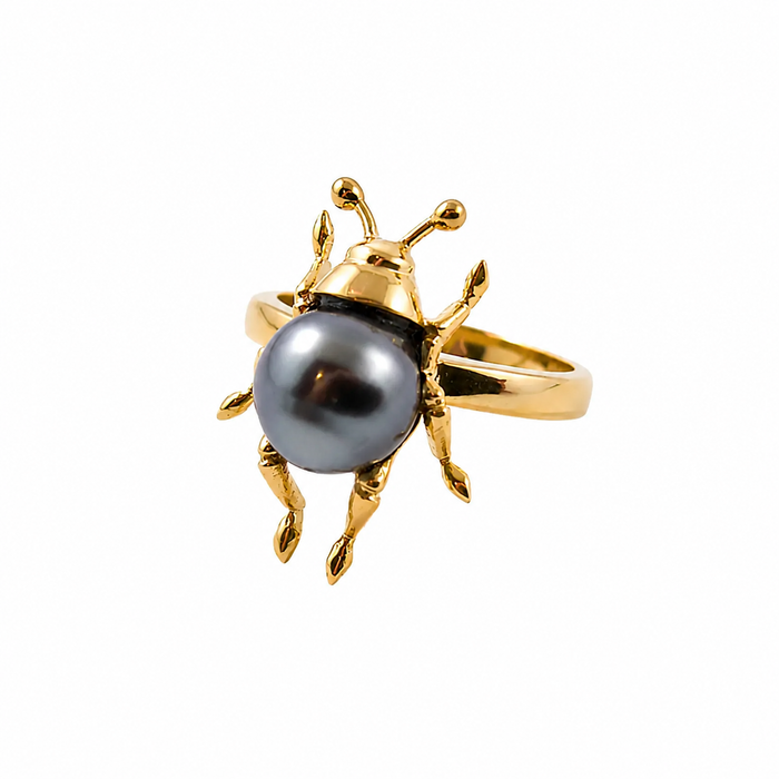 Beetle bug insect Tahitian pearl 14k yellow gold ring