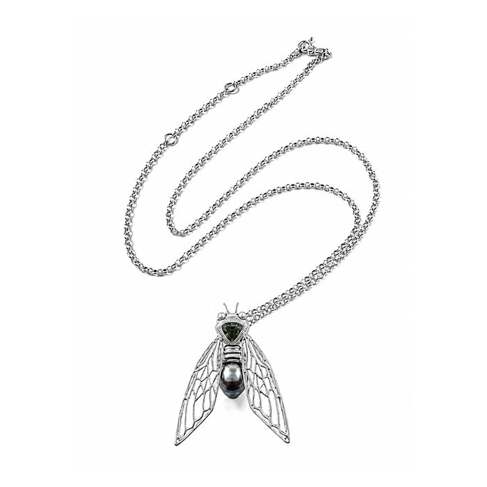 Cicada insect Tahitian pearl Australian green trillion cut sapphire rhodium plated silver pendant necklace