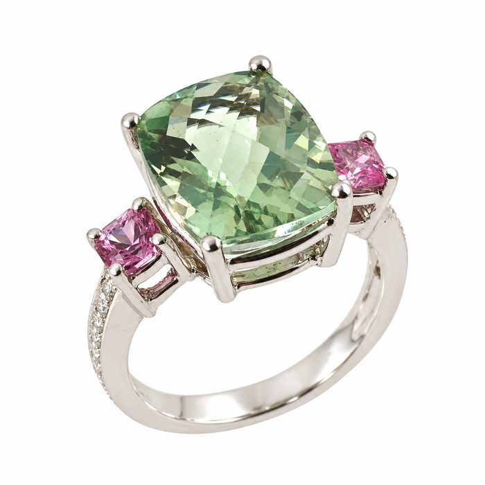 Green amethyst pink sapphire multi stone diamond 14k white gold ring