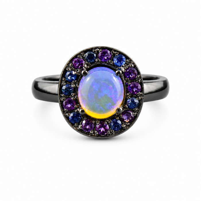 Australian jelly opal with amethyst and blue sapphire halo oxidized black gold ring