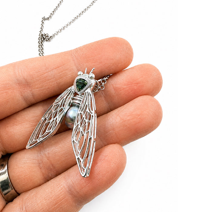 Cicada insect Tahitian pearl Australian green trillion cut sapphire rhodium plated silver pendant necklace