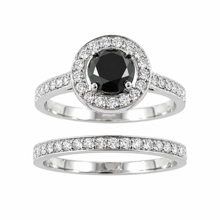 Black diamond round diamond halo 14k white gold wedding ring set