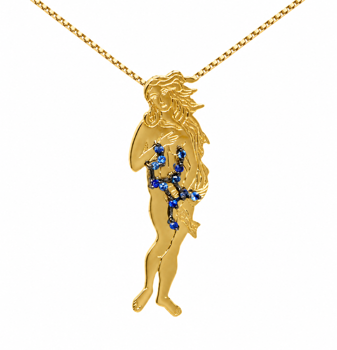 Virgo as Botticelli's Venus solid gold Virgo constellation blue sapphire birthstone pendant