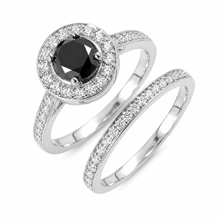 Black diamond round diamond halo 14k white gold wedding ring set