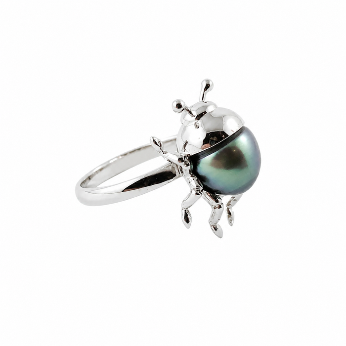 Beetle bug insect Tahitian pearl 14k white gold ring