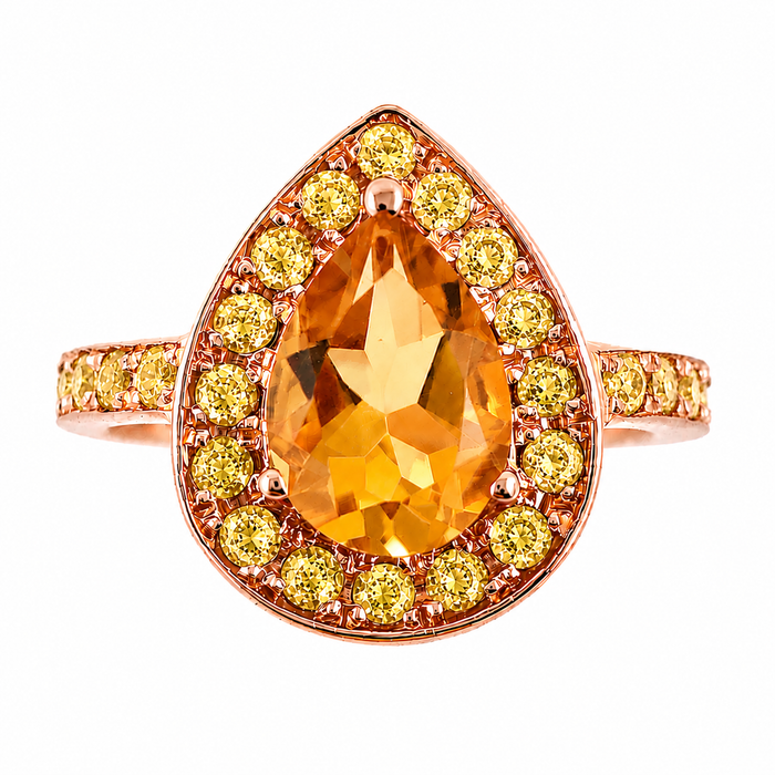Citrine pear and emerald halo rose gold alternative engagement ring - Customise size, halo gemstones and gold colour