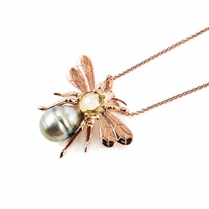Bee insect Tahitian pearl, yellow rose cut sapphire, 14k rose gold pendant necklace