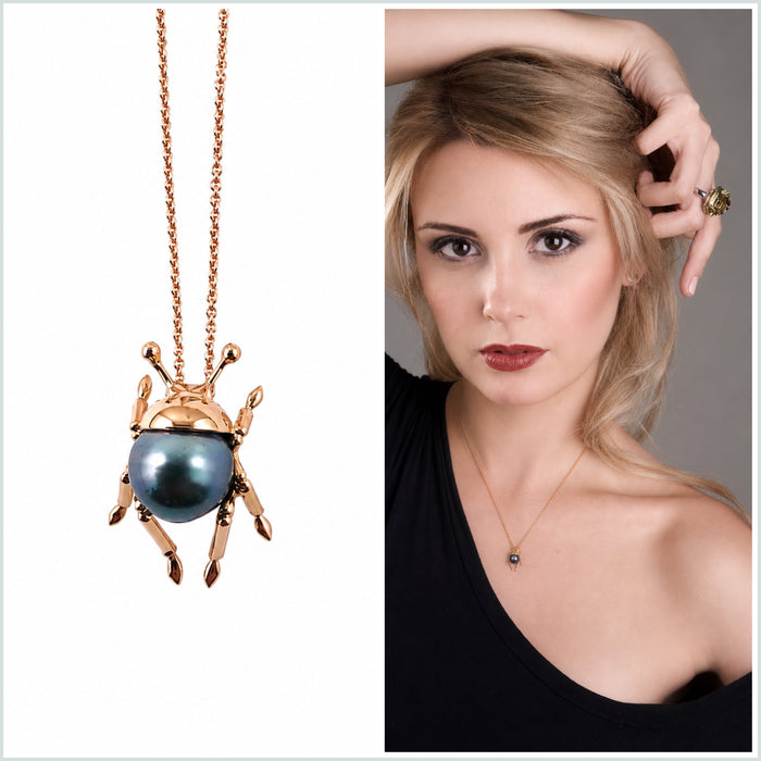 Beetle insect Tahitian pearl, 14k rose gold pendant necklace