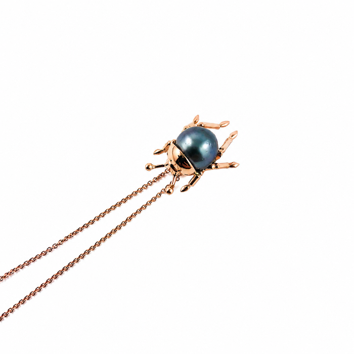 Beetle insect Tahitian pearl, 14k rose gold pendant necklace