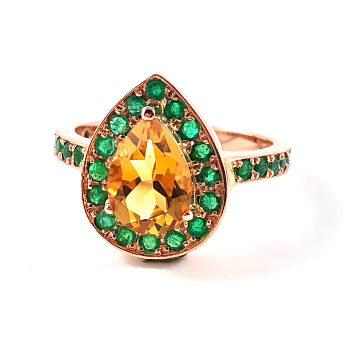 Citrine pear and emerald halo rose gold alternative engagement ring - Customise size, halo gemstones and gold colour