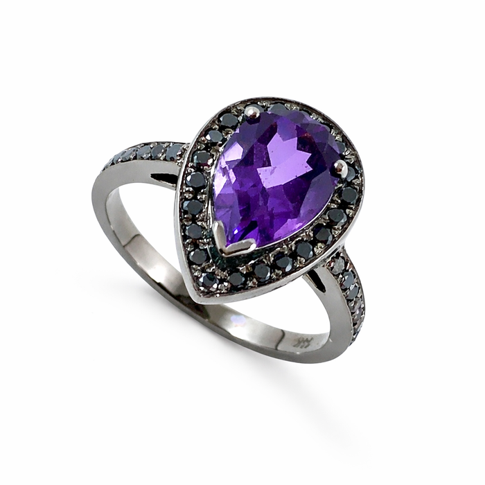 Amethyst pear gemstone halo gold ring - Customise size, halo gemstones and gold colour