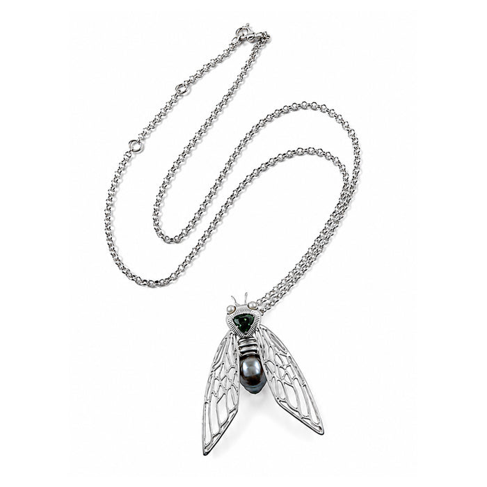 Cicada insect Tahitian pearl Australian green trillion cut sapphire rhodium plated silver pendant necklace
