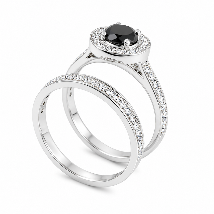 Black diamond round diamond halo 14k white gold wedding ring set