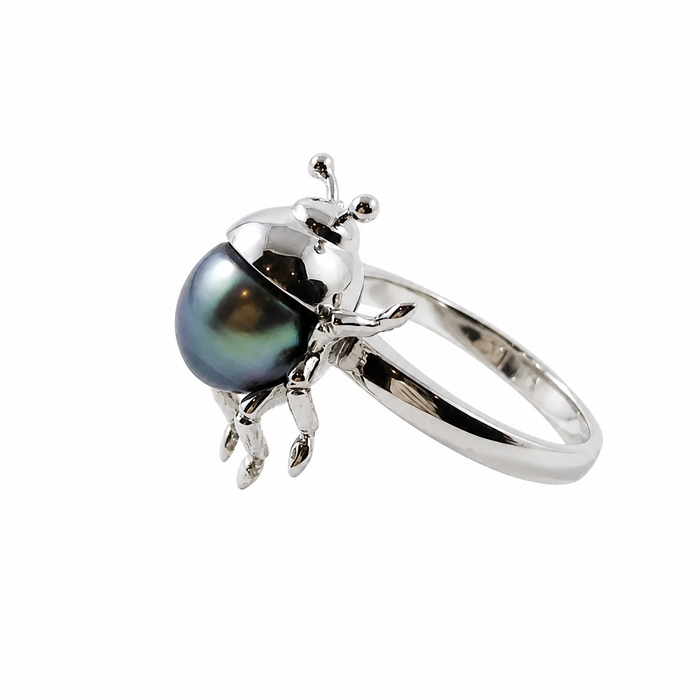 Beetle bug insect Tahitian pearl 14k white gold ring