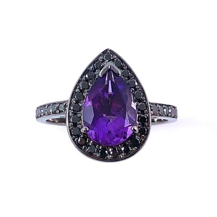Amethyst pear gemstone halo gold ring - Customise size, halo gemstones and gold colour