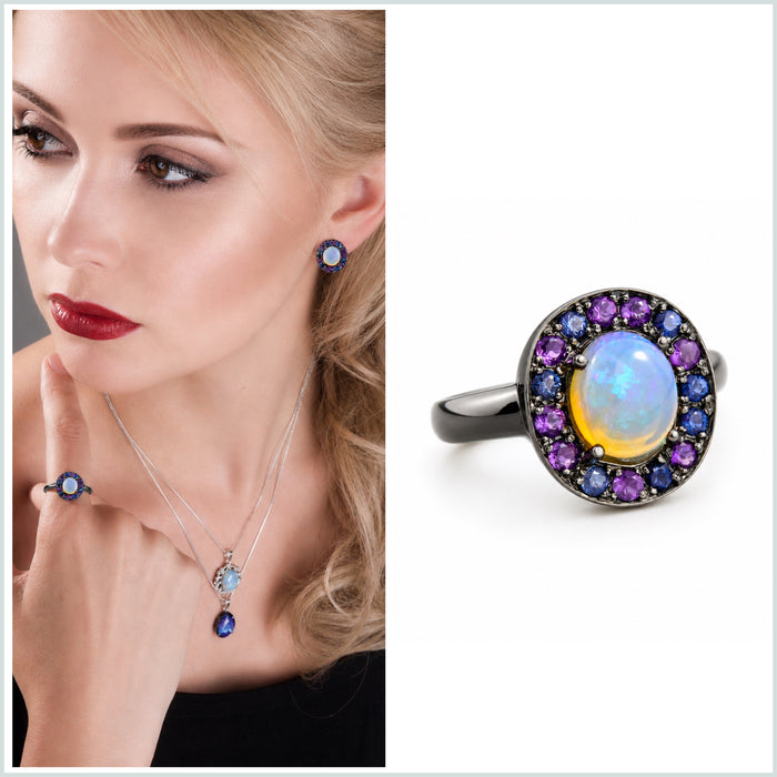 Australian jelly opal with amethyst and blue sapphire halo oxidized black gold ring