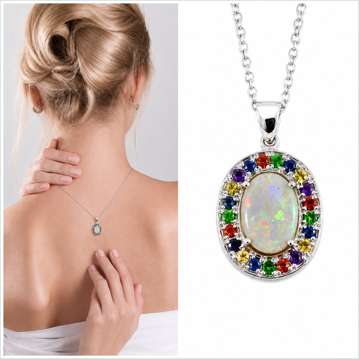 Australian opal fancy sapphires and amethyst halo white gold pendant necklace