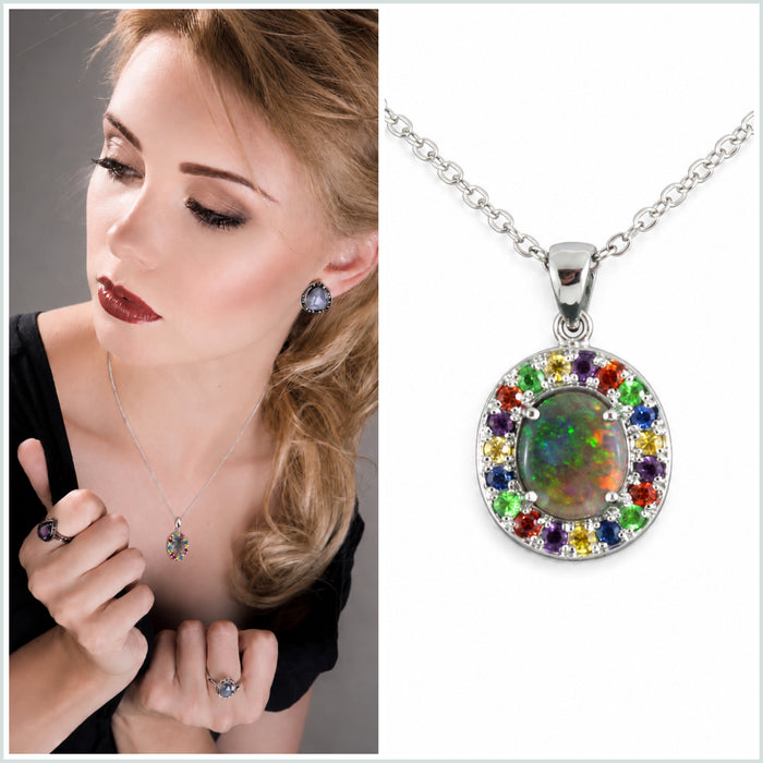 Australian opal fancy sapphires and amethyst halo white gold pendant necklace