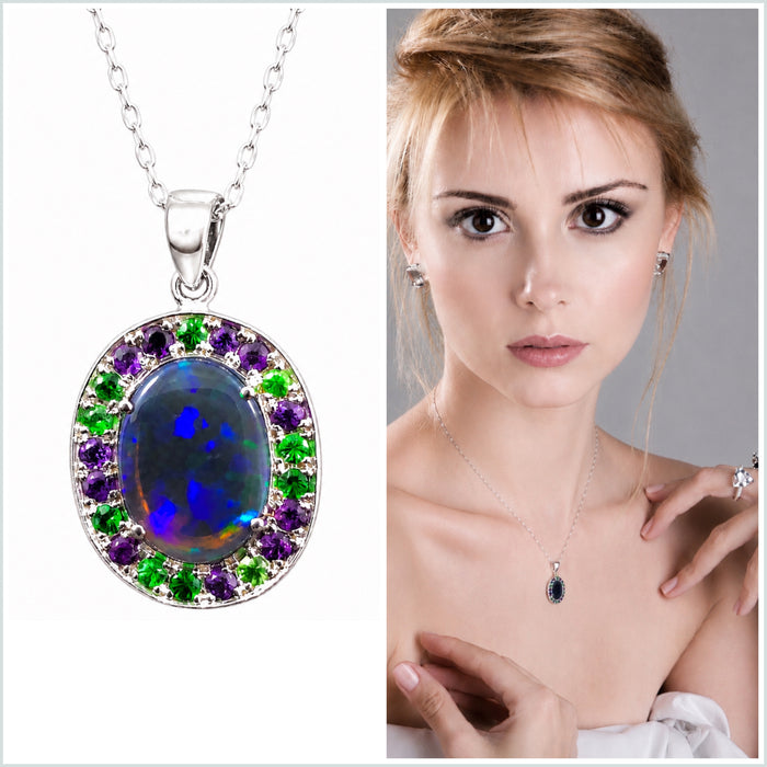 Australian opal Tsavorite garnet and amethyst halo white gold pendant necklace