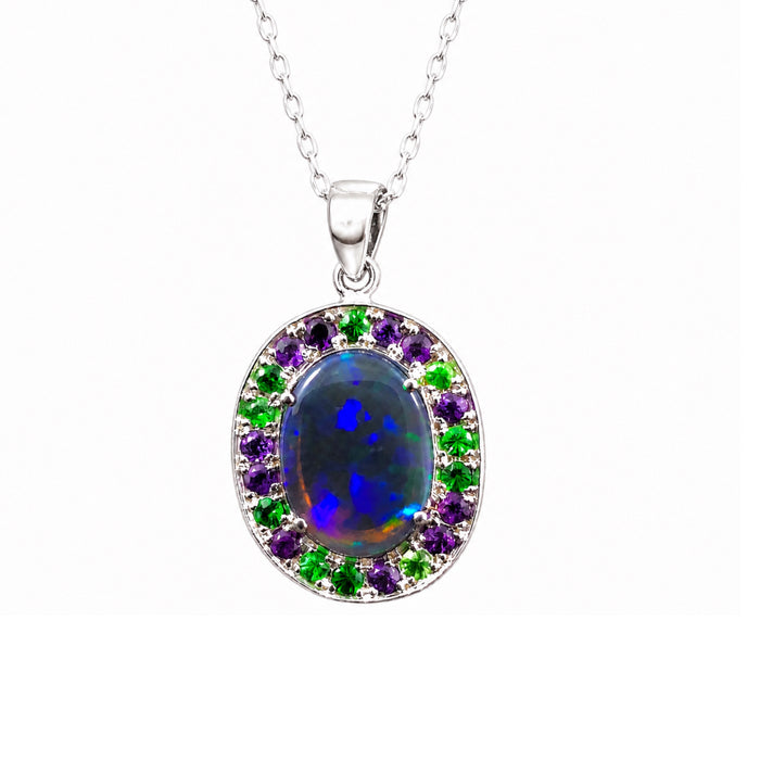 Australian opal Tsavorite garnet and amethyst halo white gold pendant necklace