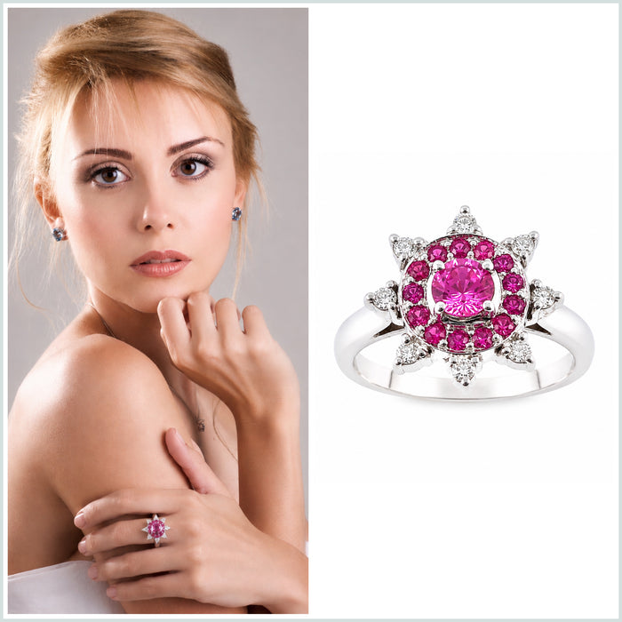 Australian pink sapphire pink ruby diamond 14k white gold flower ring