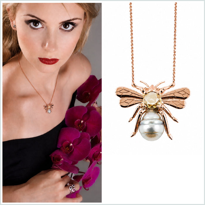 Bee insect Tahitian pearl, yellow rose cut sapphire, 14k rose gold pendant necklace