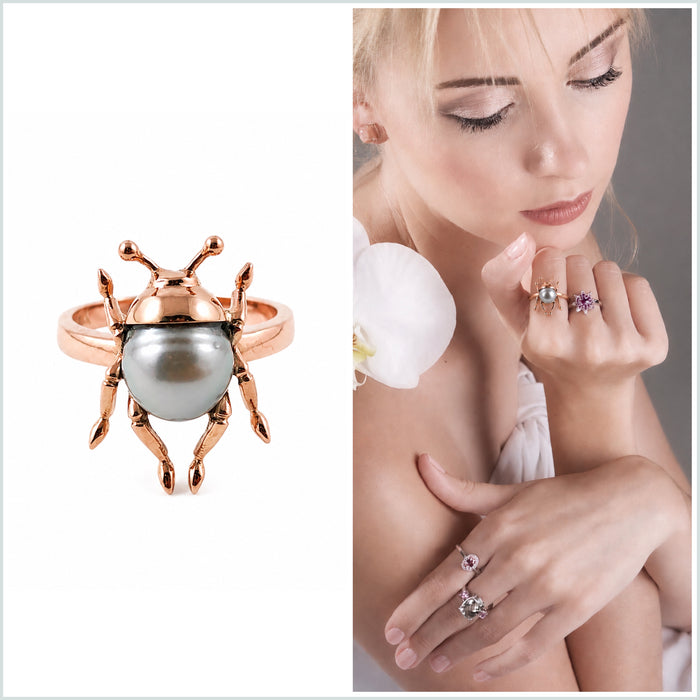 Beetle bug insect Tahitian pearl 14k rose gold ring
