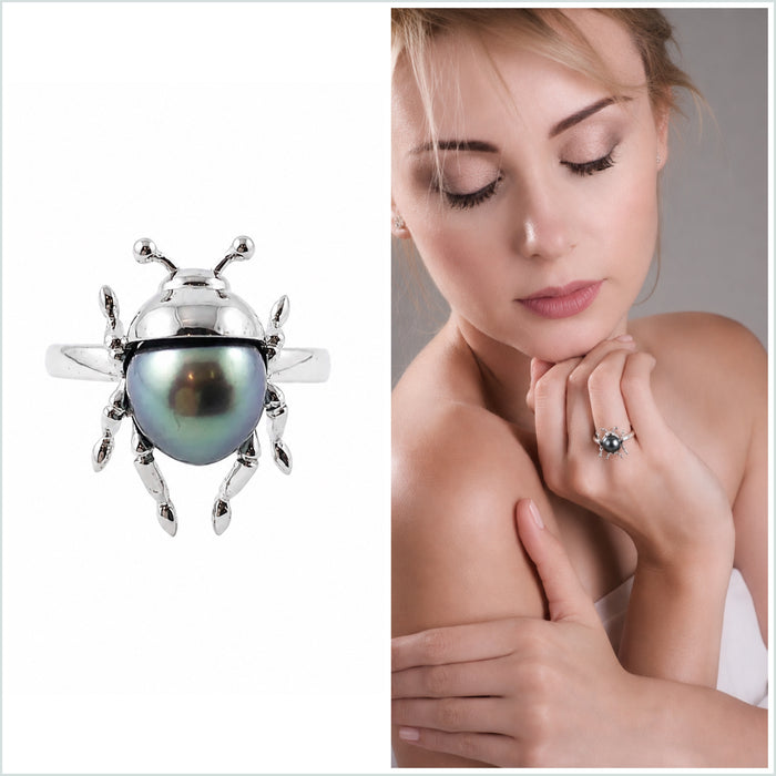 Beetle bug insect Tahitian pearl 14k white gold ring