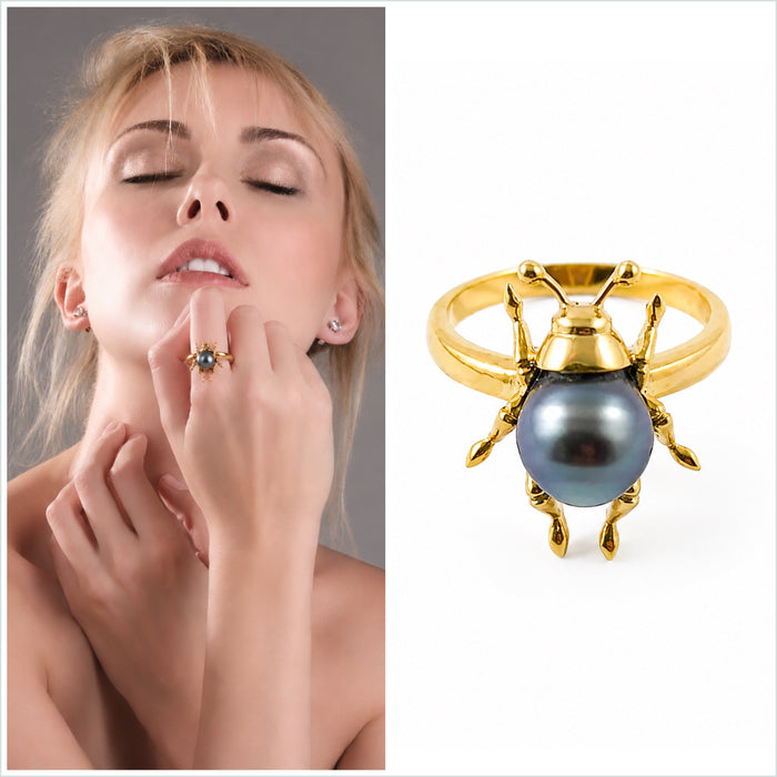 Beetle bug insect Tahitian pearl 14k yellow gold ring