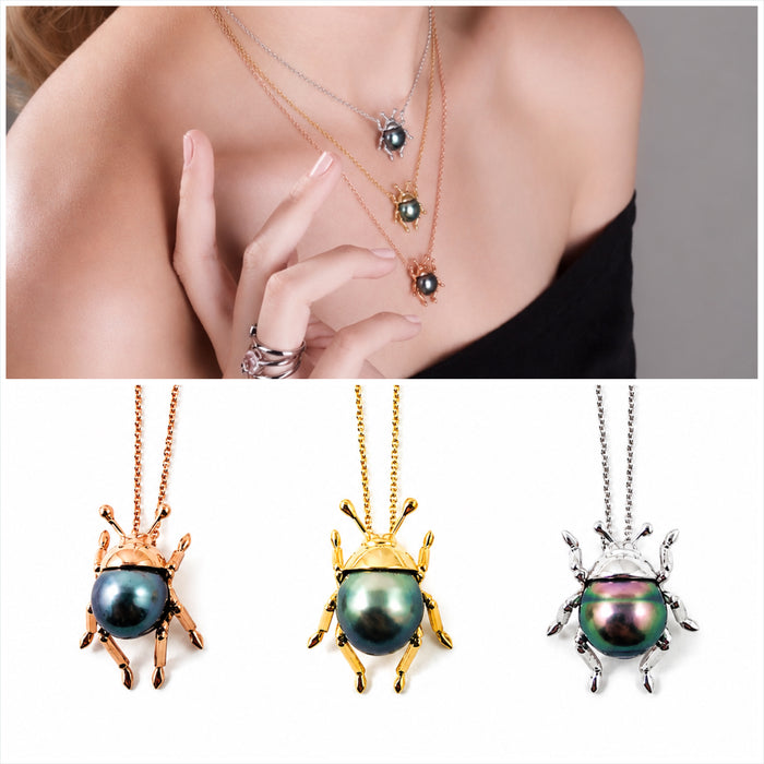 Beetle bug insect choose your Tahitian pearl and 14k gold colour pendant necklace