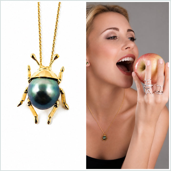 Beetle bug insect choose your Tahitian pearl and 14k gold colour pendant necklace