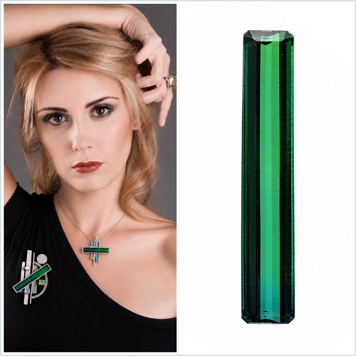 Bi colour blue green tourmaline long baguette cut 6.01 carat loose gemstone