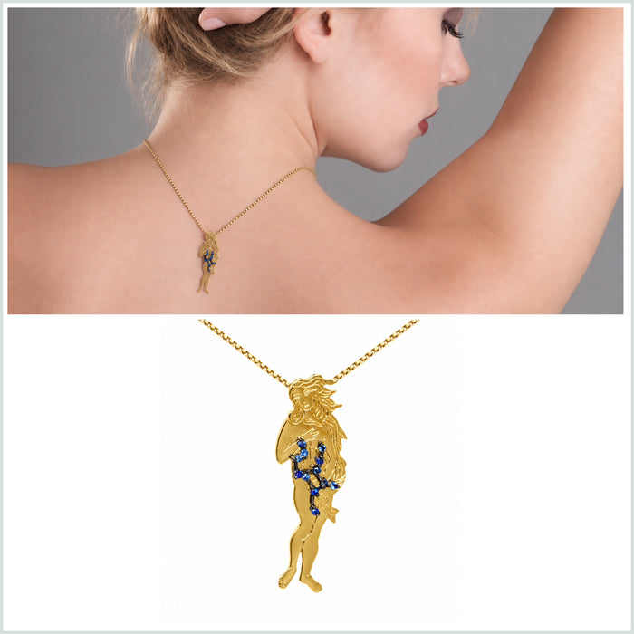 Virgo as Botticelli's Venus solid gold Virgo constellation blue sapphire birthstone pendant