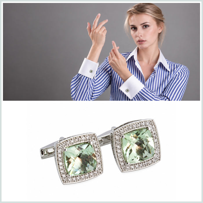 Mint quartz cushion cut and white sapphire silver cufflinks - READY TO SHIP