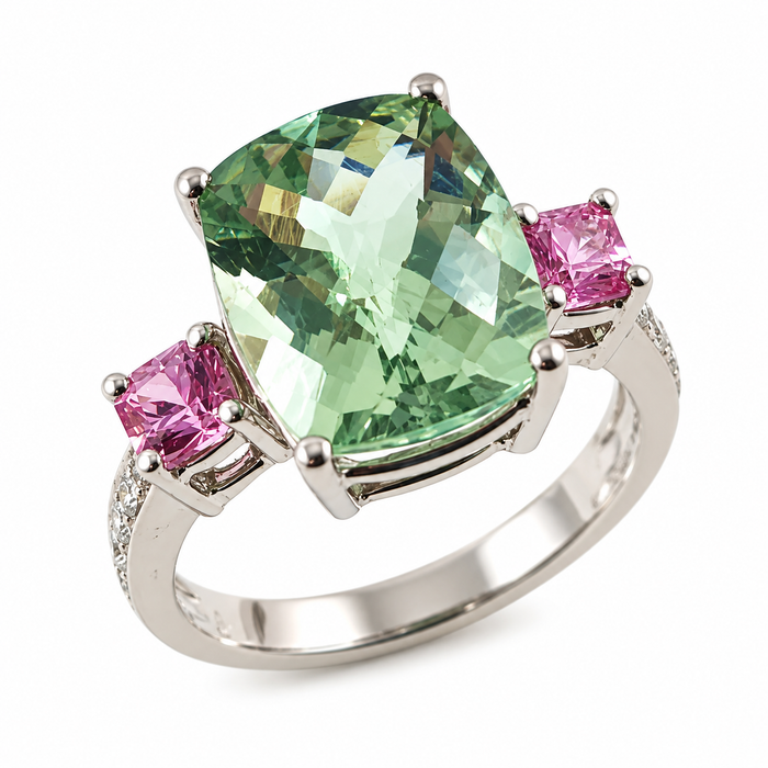 Green amethyst pink sapphire multi stone diamond 14k white gold ring
