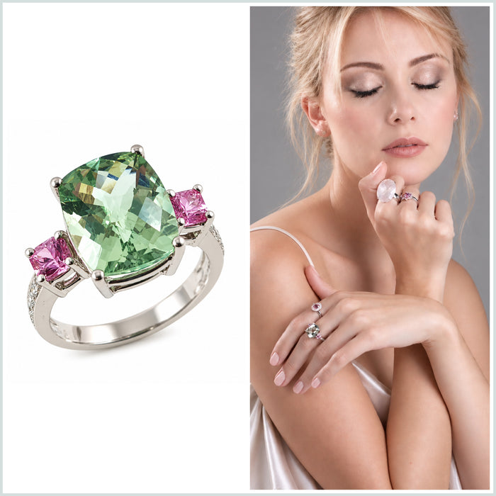 Green amethyst pink sapphire multi stone diamond 14k white gold ring