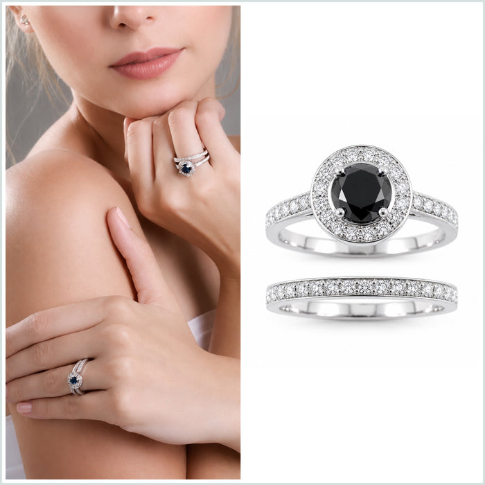 Black diamond round diamond halo 14k white gold wedding ring set