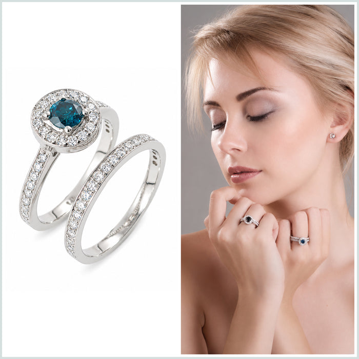 Blue diamond round diamond halo 14k white gold wedding ring set